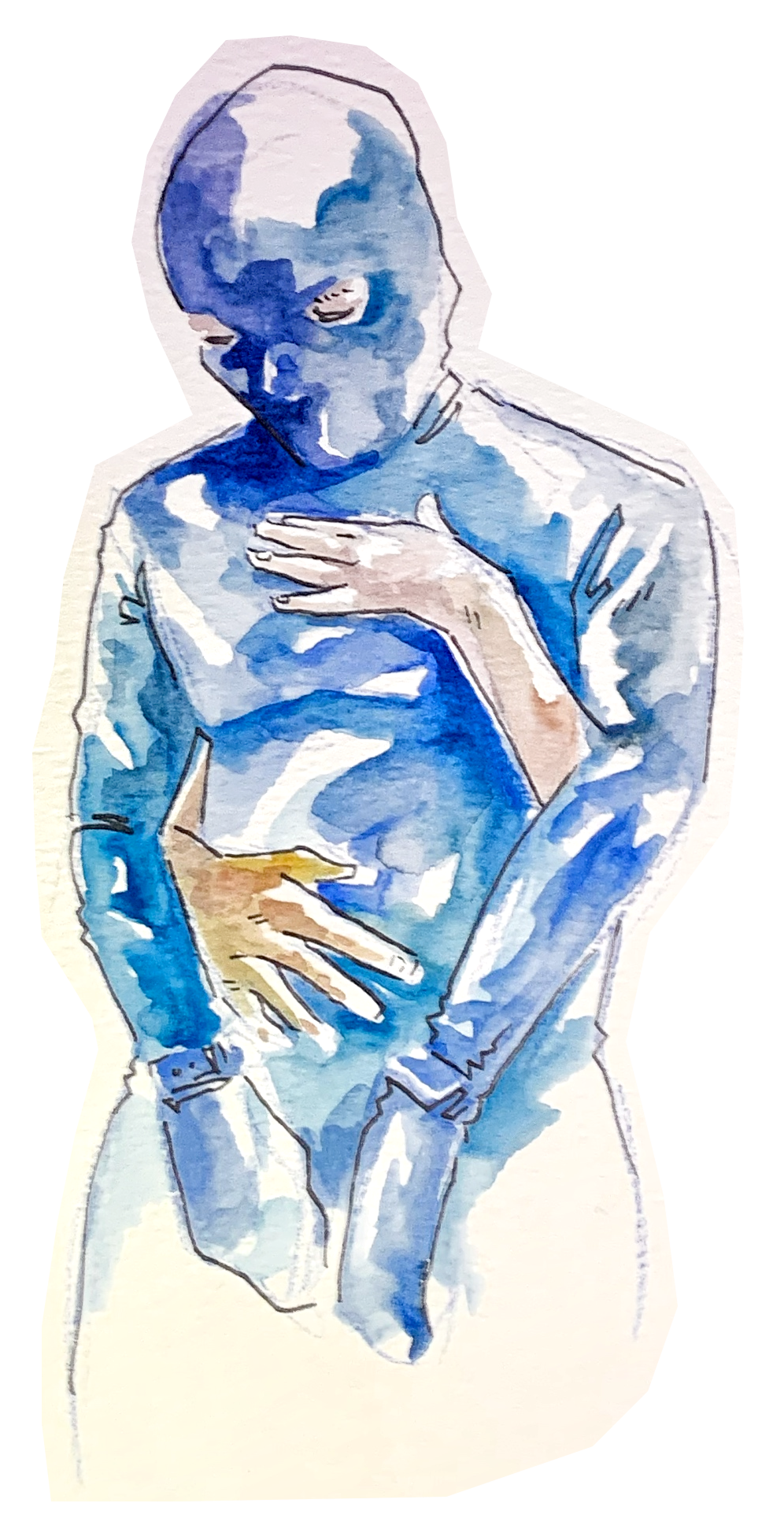 Watercolor painting of man in blue catsuit and mask